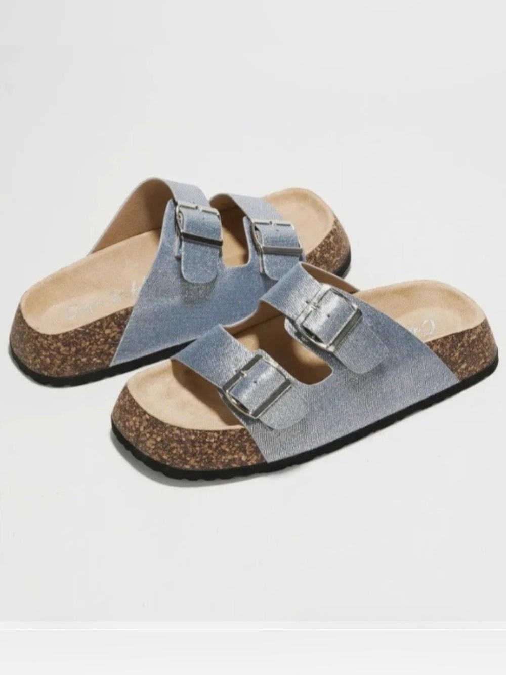 Cape Robbin Slide Sandals Cork Footbed Double Buckle Light Denim Blue NIB